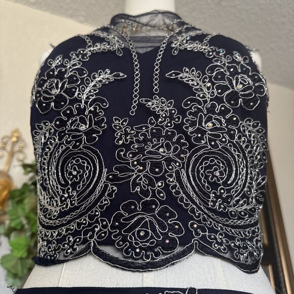 Junior A-Line Skirt Top 2 Piece Dress Set Size 7 Navy Blue Metallic Embroidered - Picture 13 of 16